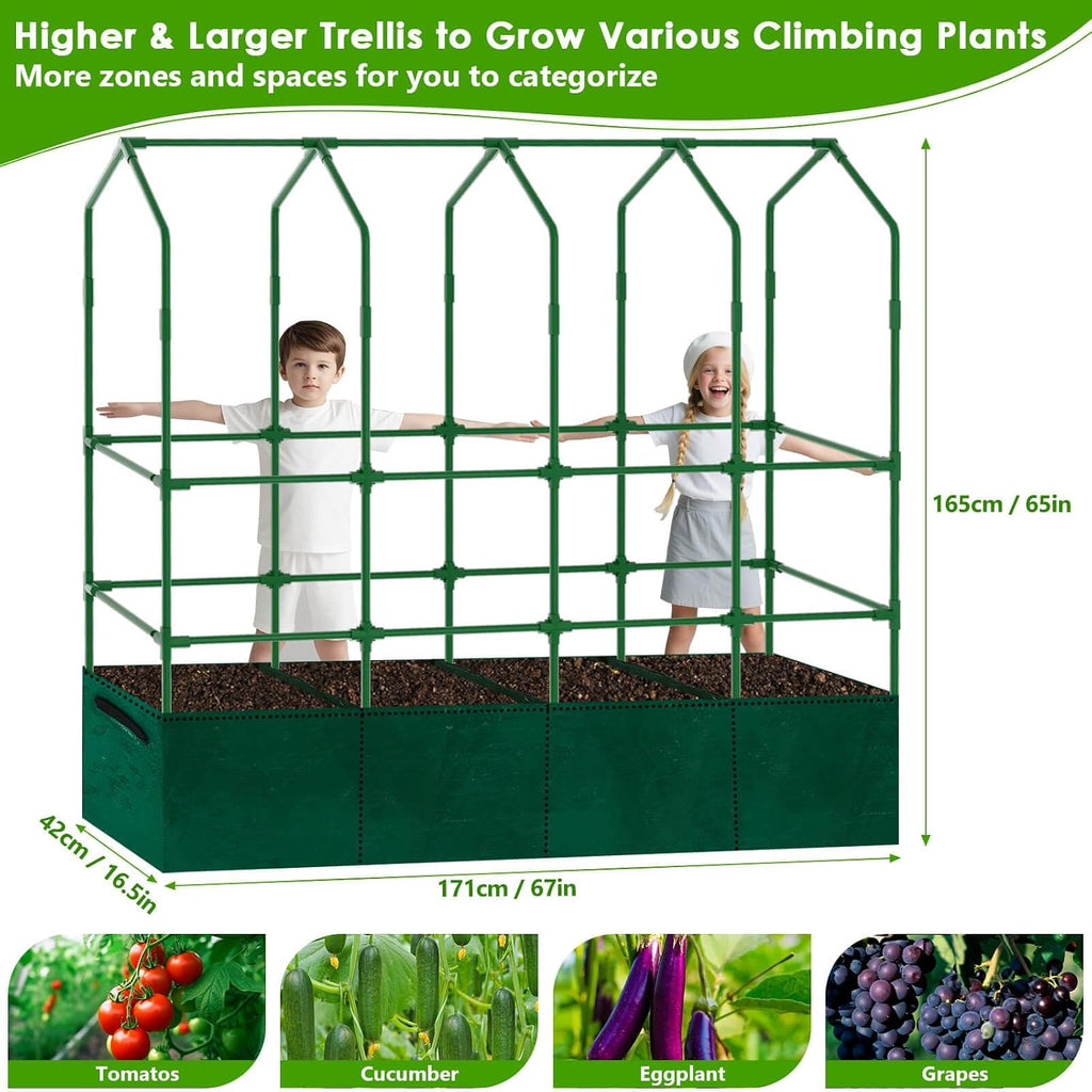 Large Cucumber Trellis for Climbing Plants with Grow Bag, 67"×65"×16.5" Metal Garden Trellis for Raised Bed with Garden