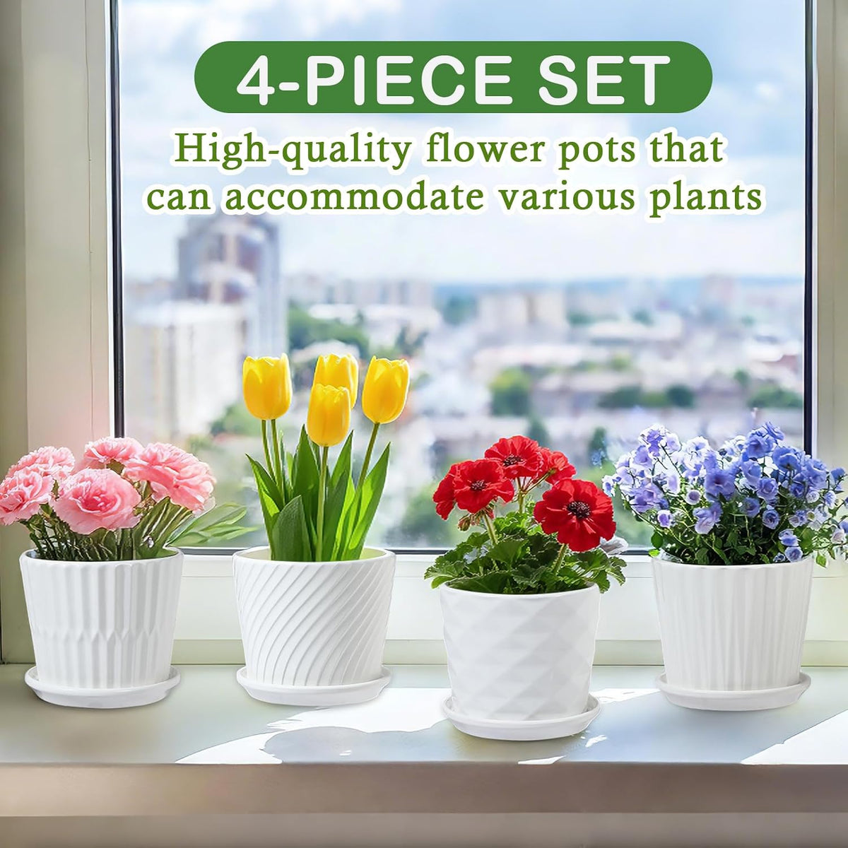sietpoek 5.5” Ceramic Plant Pots with Drainage and Saucer 4PCs White | White Ceramic Flower Pots with Drainage Hole and