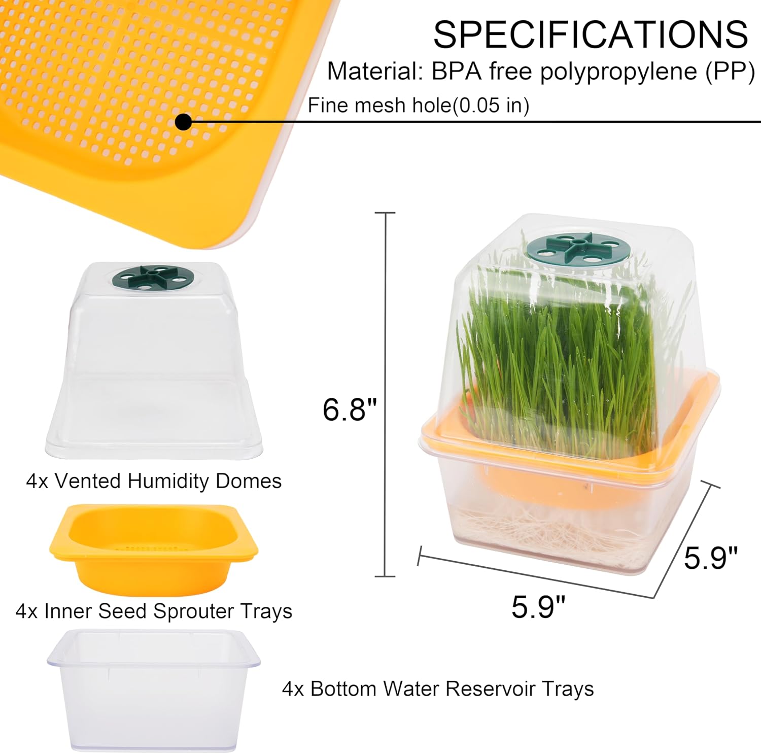 Microgreen Growing Trays, 5" x 5" Sprouting Tray with Humidity Dome, 1.2 mm Small Mesh Holes, BPA Free, Sprouter Kit