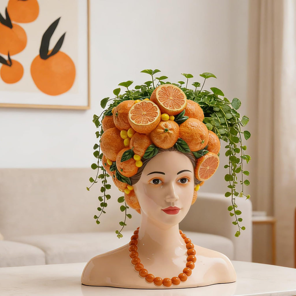 DiliComing Head Planter Succulents Plant Pots - 11 Inch Orange Resin Lady Face Planters for Outdoor Indoor Plants
