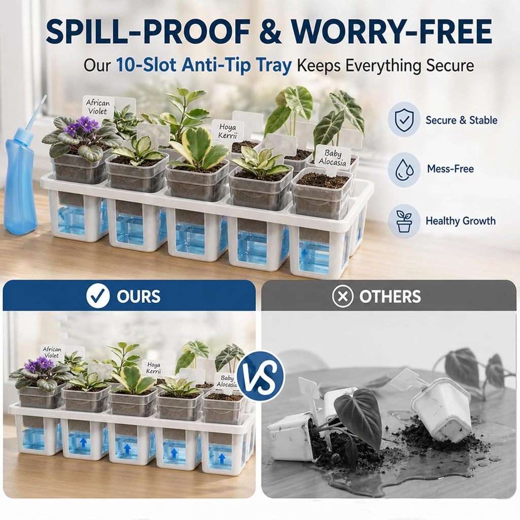 10 Pack 2.5" Self Watering Pots for Indoor Plants with Anti-Tip Tray & Reservoir Refill Bottle, Seed Starter Kit for