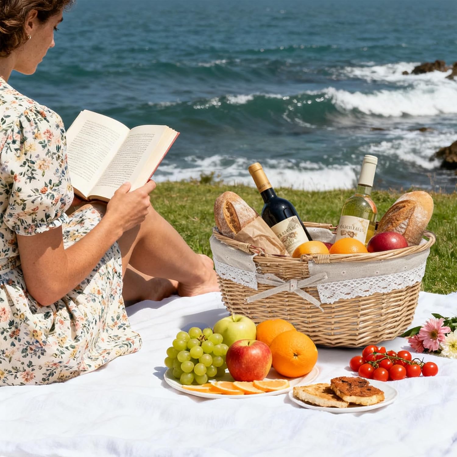 Dicunoy Wicker Picnic Basket with Handle, Large Empty Gift Basket to Fill, Open Top Market Harvest Baskets for Garden