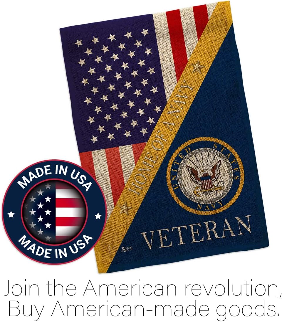Home of Navy Burlap Garden Flag - Set with Stand Armed Forces USN Seabee United State American Military Veteran Retire