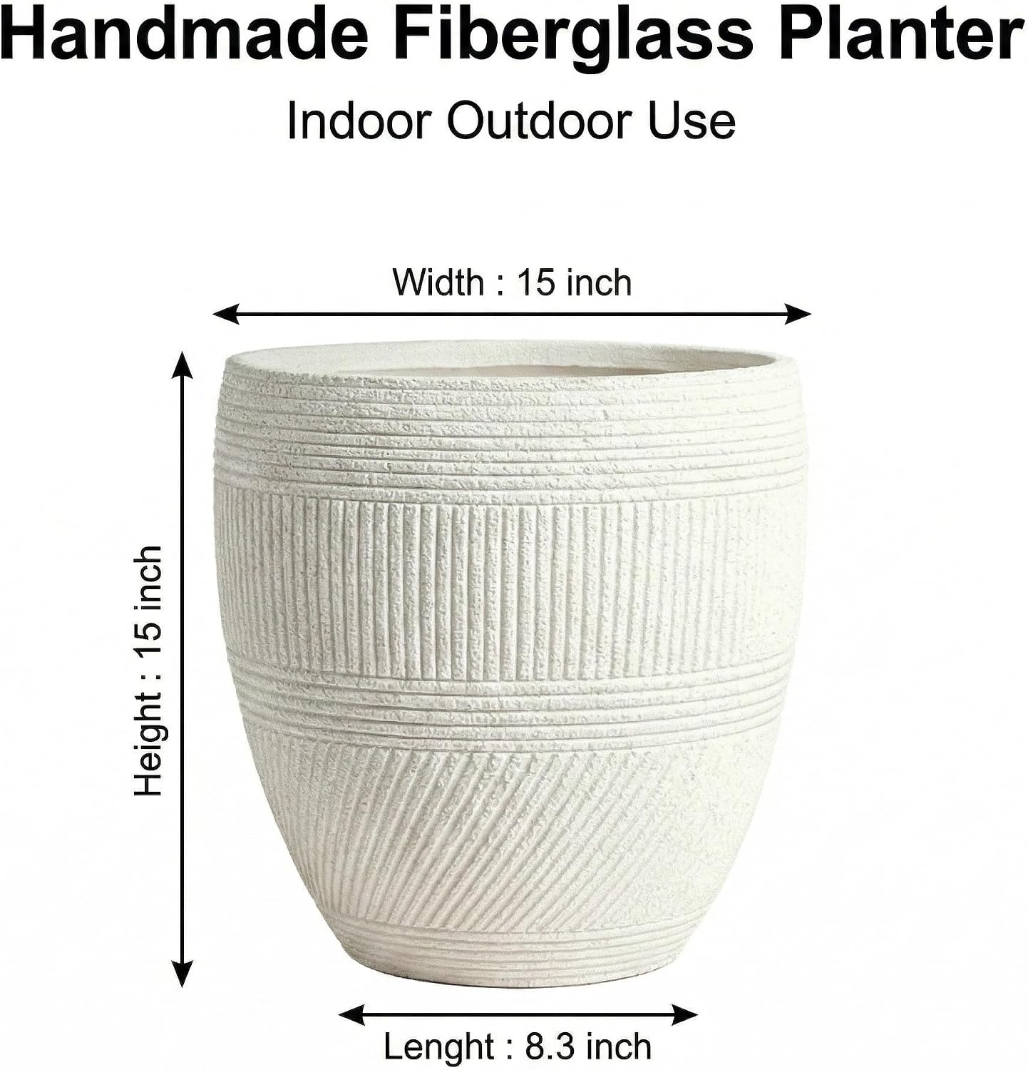 15" Textured Drum Planter - Handmade Fiberglass Composite | Handmade textured drum fiberglass composite with a drainage