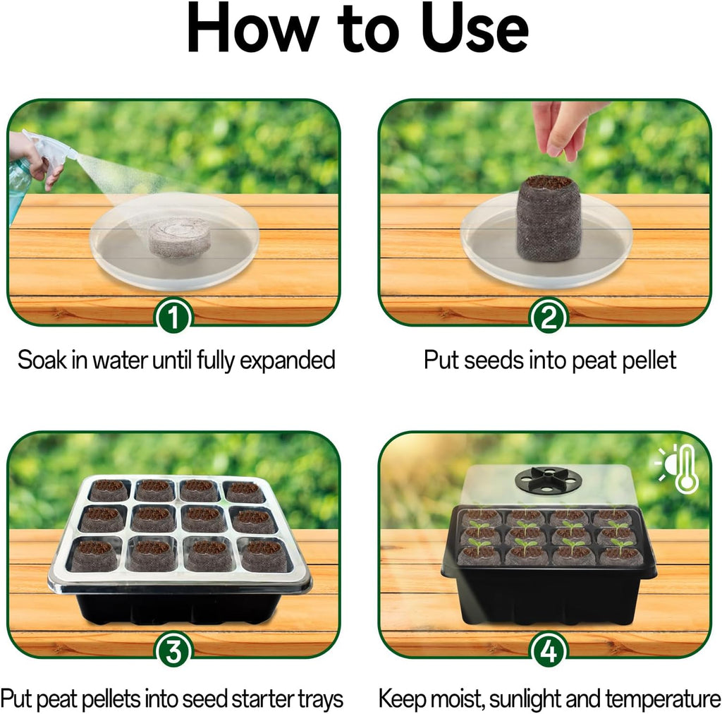 Seed Starter Tray with Peat Pellets, Black Starting Seeds Kit for Plants | 8 Trays (96 Cells) + 100 Organic Peat