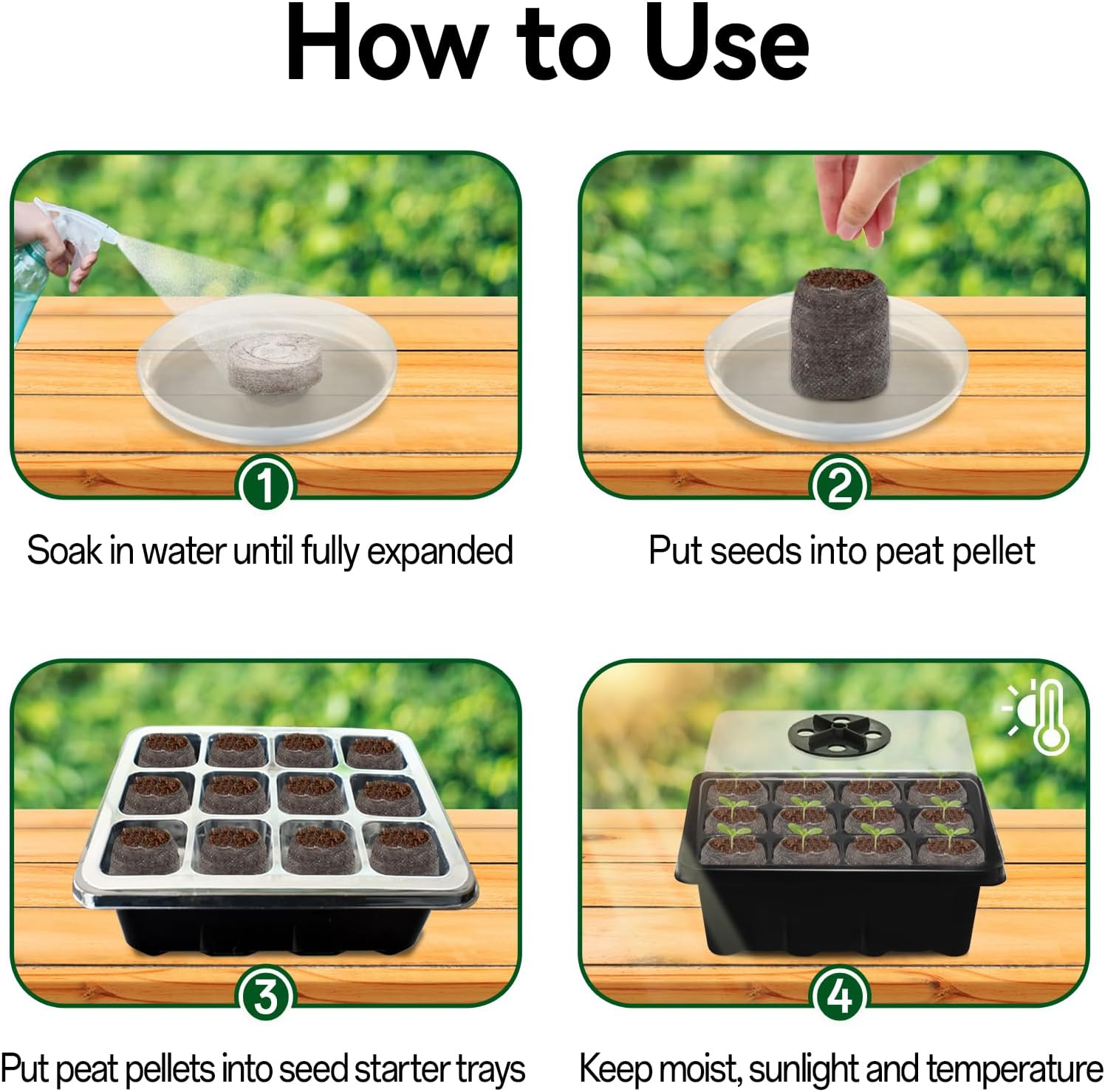 Seed Starter Tray with Peat Pellets, Black Starting Seeds Kit for Plants | 8 Trays (96 Cells) + 100 Organic Peat