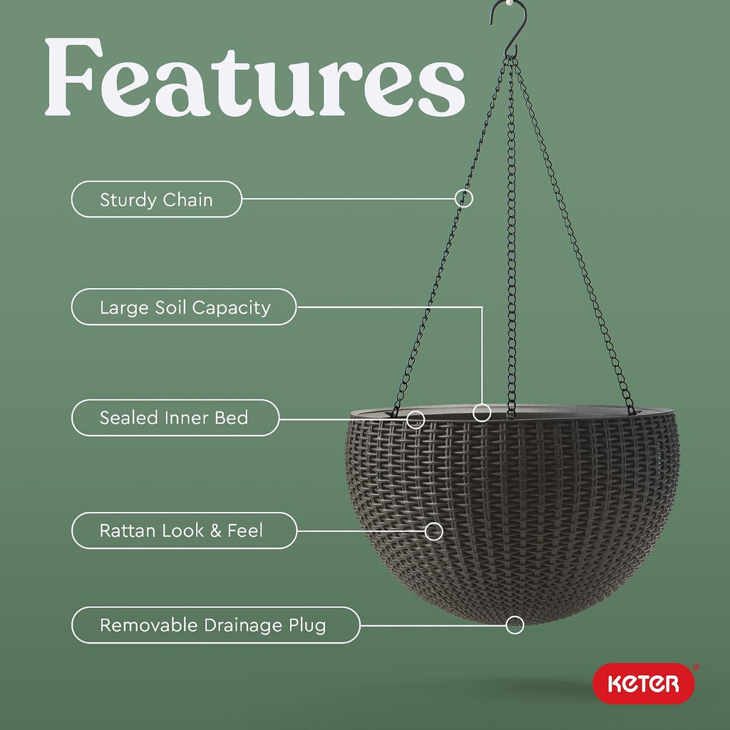 Keter Resin Rattan Set of 2 Round Hanging Planter Baskets for Indoor and Outdoor Plants-Perfect for Porches and Patio