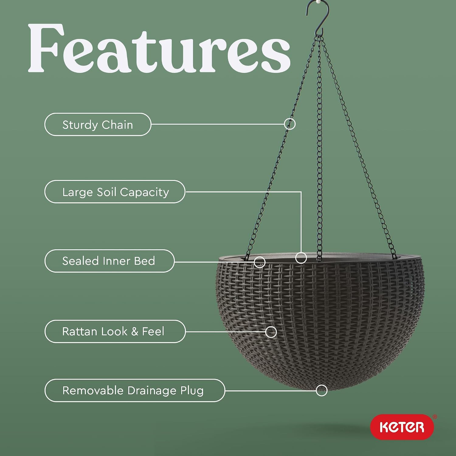 Keter Resin Rattan Set of 2 Round Hanging Planter Baskets for Indoor and Outdoor Plants-Perfect for Porches and Patio