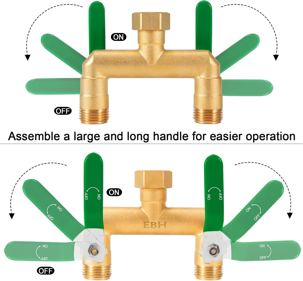 EBH Garden Hose Splitter, 2-Way High Flow Heavy Duty Brass Outdoor Hose Manifold with Extra Long Handles Full Flow