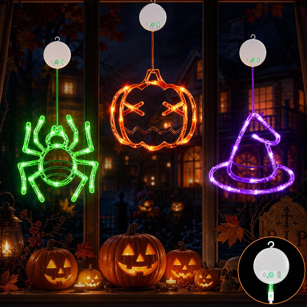 LOLStar Rechargeable Pumpkin Spider Witch Halloween Window Lights, 3 Pack