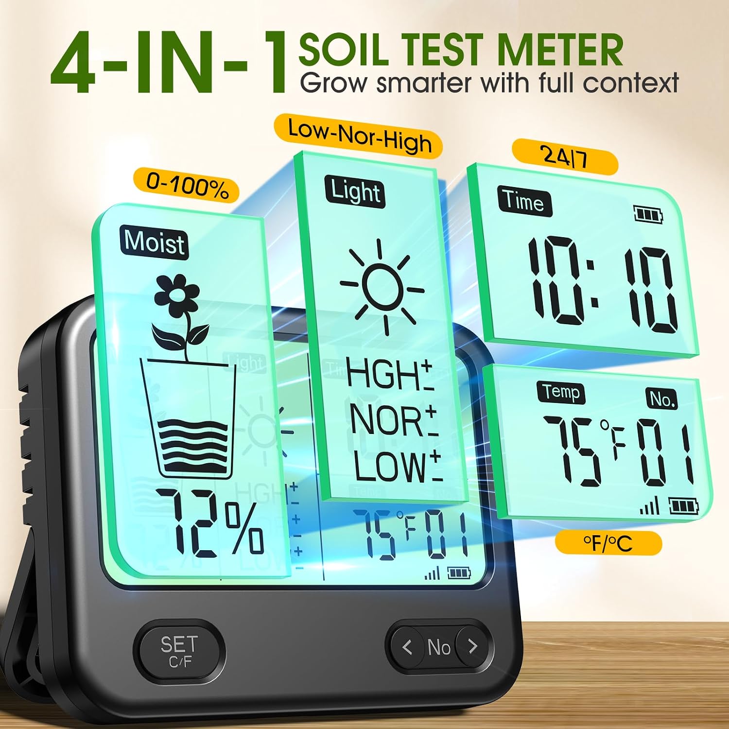 Soil Moisture Meter for Plants,4-in-1 Wireless Soil Tester,Soil Thermometer/Moisture/Sunlight Time,Large