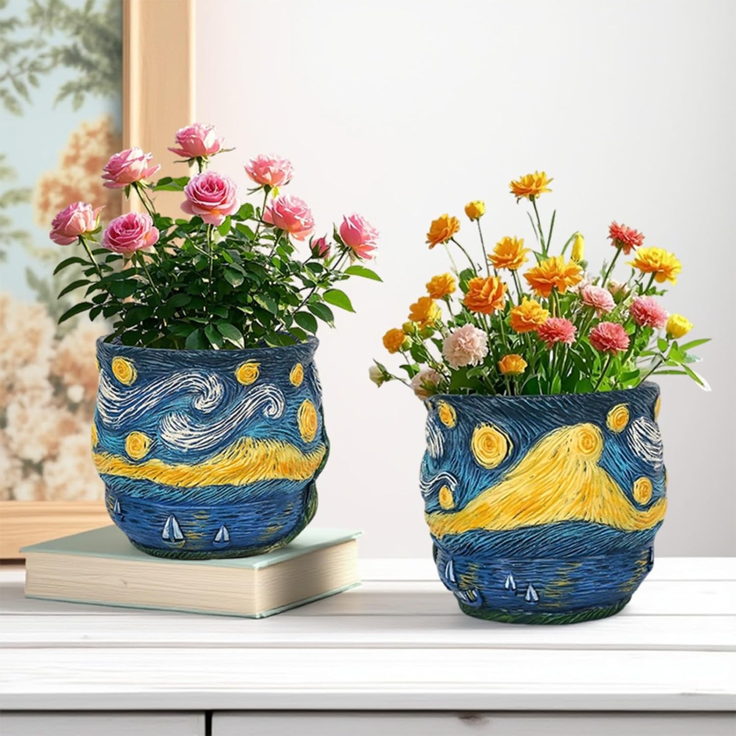 Starry Night Planter Pot, Van Gogh Flower Pot, Unique Resin Vase for Plants