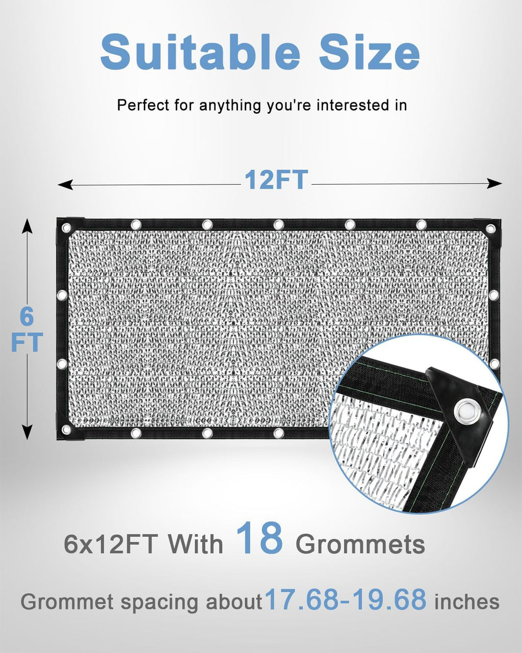 40% Reflective Aluminet Shade Cloth with Grommets, 6 x 12 ft | Balanced sun filtering and cooling airflow for