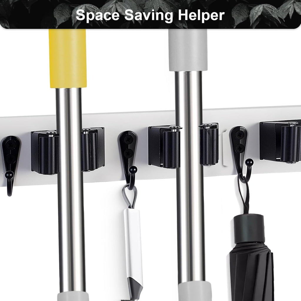 2 Pack Broom Holder Wall Mount With 5 Slots & 4 Hooks，Rustic Wood Broom & Mop Hanger，Wall Mounted Garden & Garage Tool