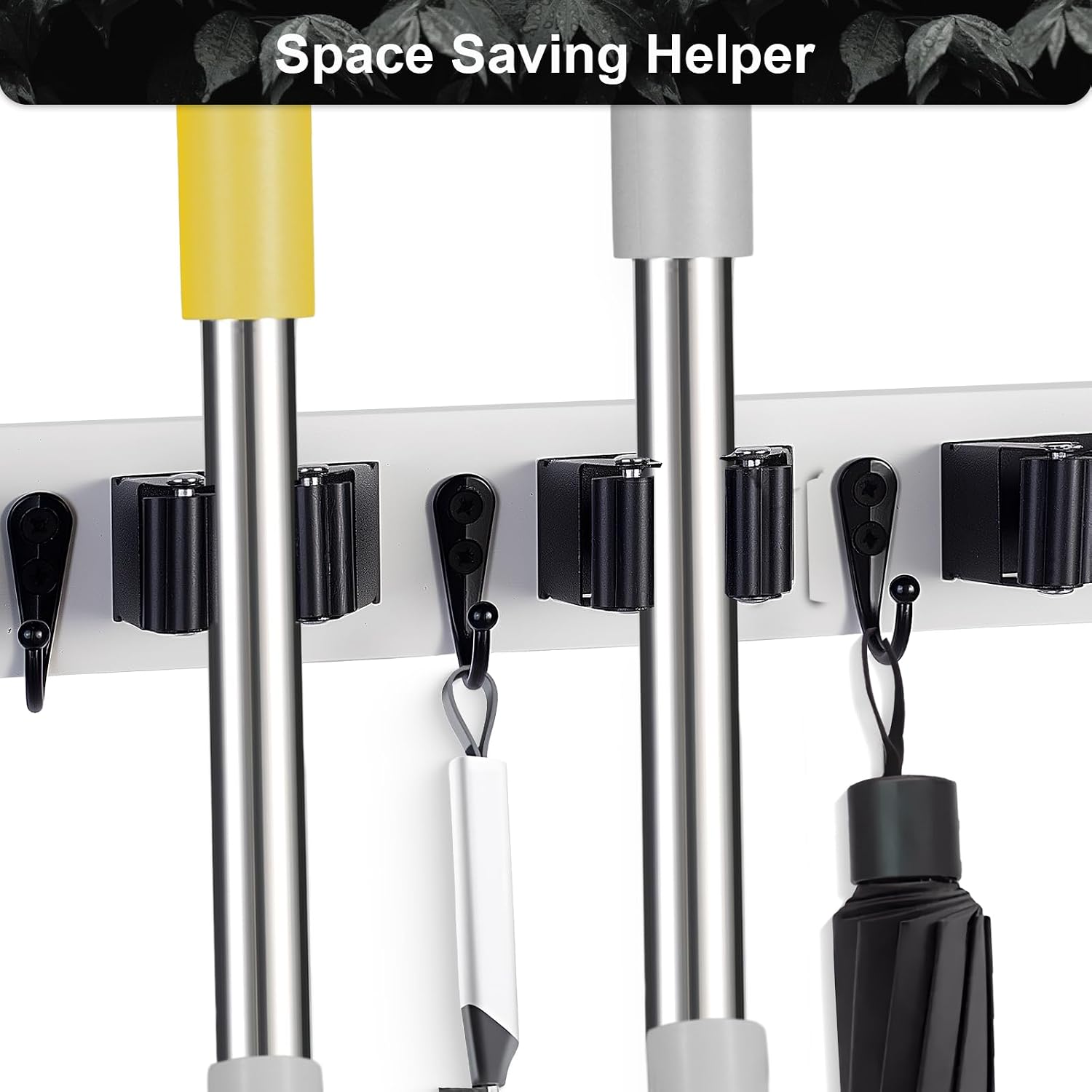 2 Pack Broom Holder Wall Mount With 5 Slots & 4 Hooks，Rustic Wood Broom & Mop Hanger，Wall Mounted Garden & Garage Tool
