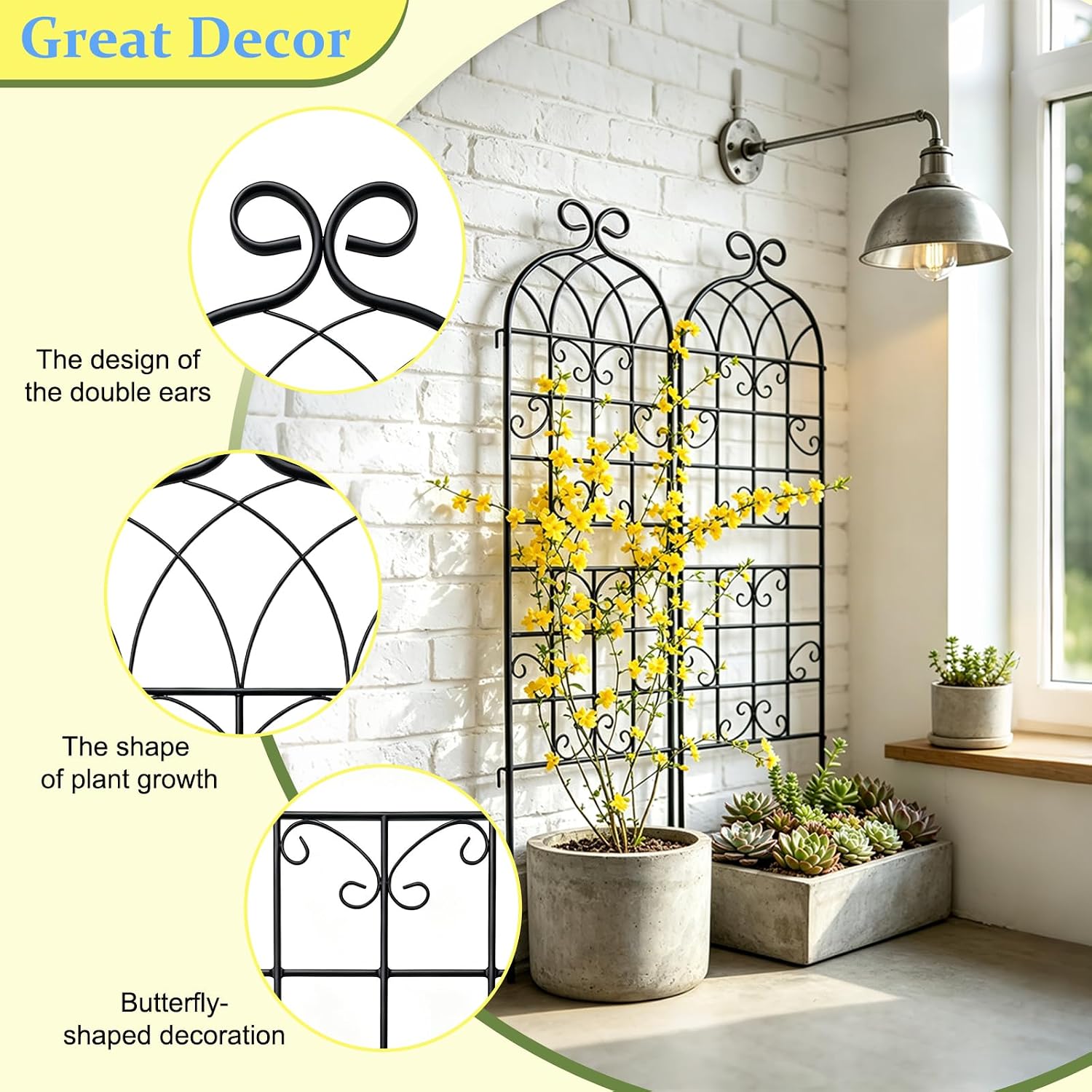 Lorenzo 2 Pcs 70 x 20 Inch Rustic Iron Garden Trellis for Climbing Plants Outdoor, Black Metal Arch Decoration Plant