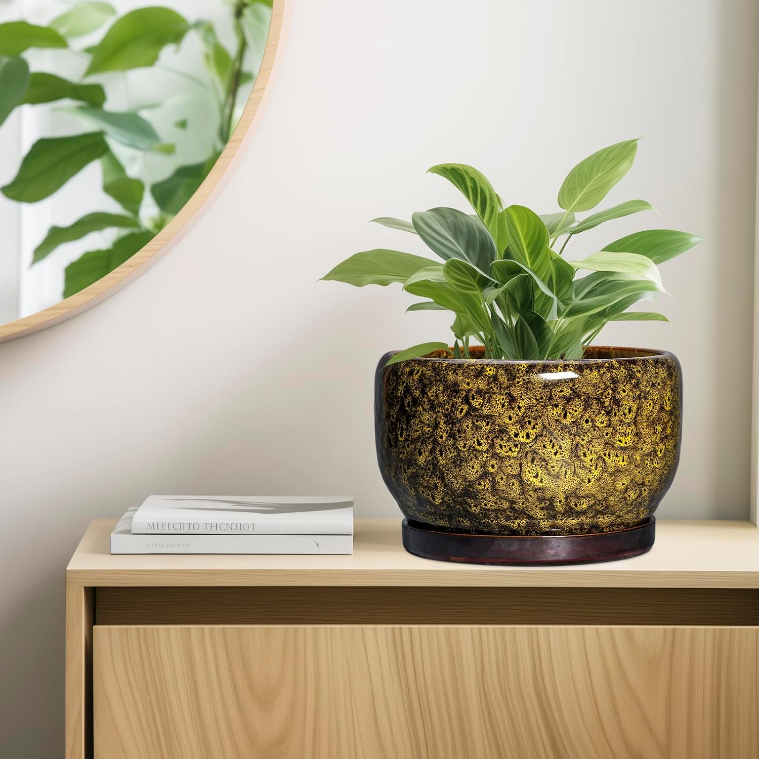 SQOWL 10 Inch Plant Pot - Ceramic Flower Pots with Drainage Hole and Saucer, Ceramic Planter for Indoor Plants Outdoor