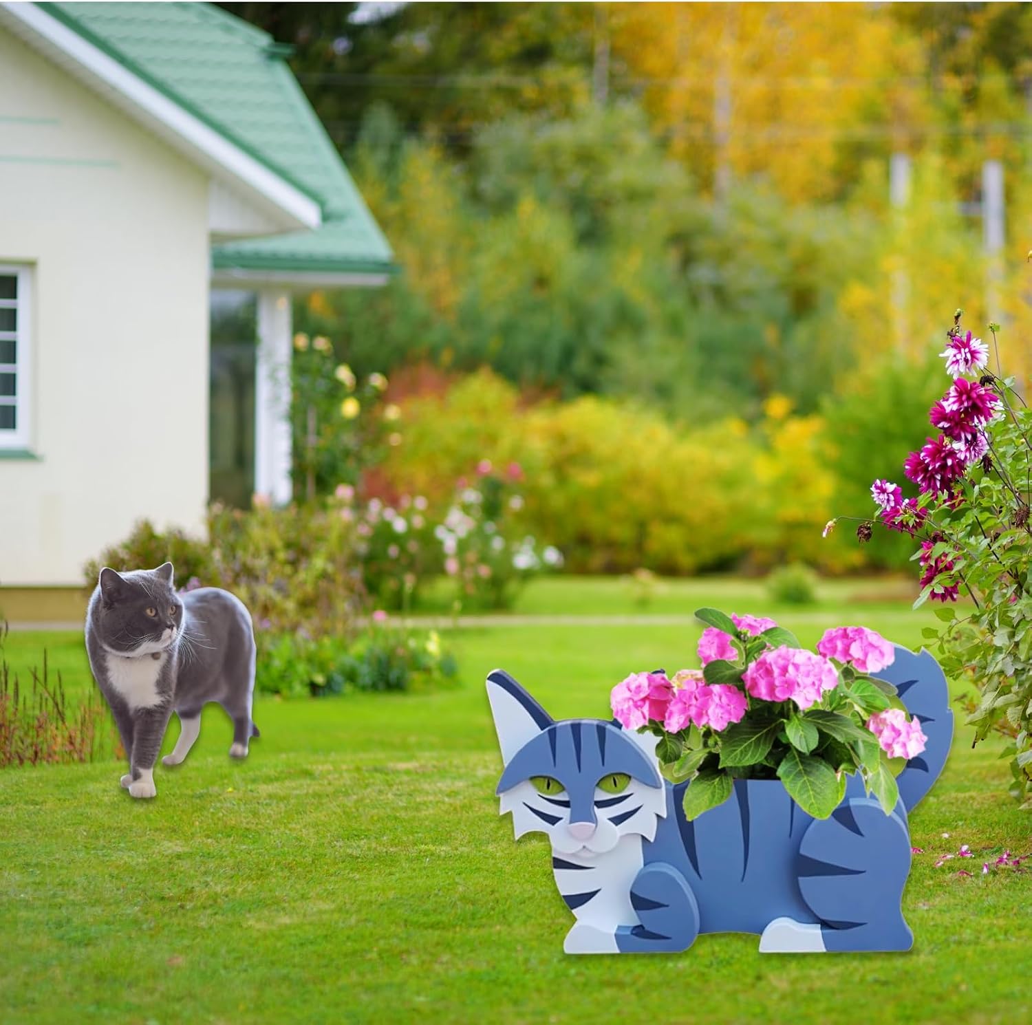 Sapphire White Cat Planter Pots, 12.5 x 5.12 x 7.8 Inches | Cat Flower Pot, Cute Animal Shaped Plant Pot, Gifts for