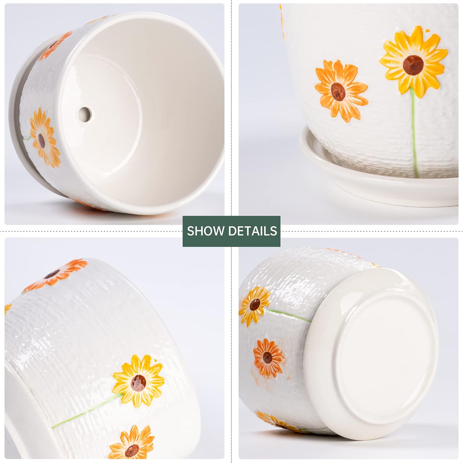 Ceramic Plant Pots,Sunflower Planters with Drainage Holes & Matching Saucer | Ceramic Flower Pot for Indoor Plants