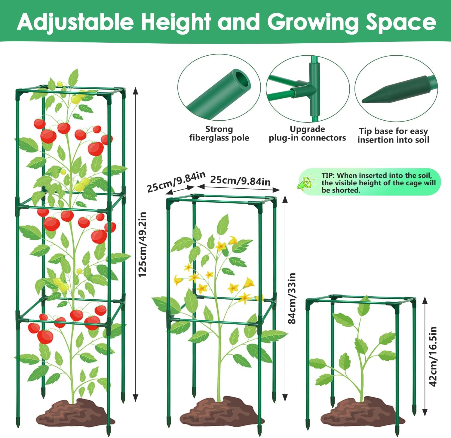 3 Pack Tomato Cages for Garden, Square Tomato Trellis with Grow Bags, 49 IN Tall Heavy Duty Tomato Plant Stakes Support