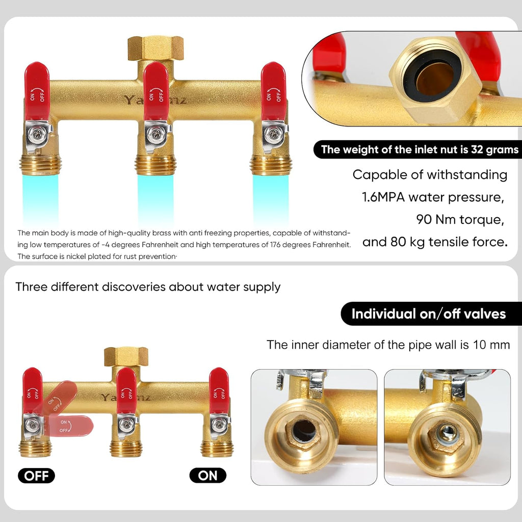 3 Way Garden Hose Splitter, 3/4" GHT Outdoor Water Spigot Splitter | Heavy Duty Solid Brass Body with Shut-off Valves &