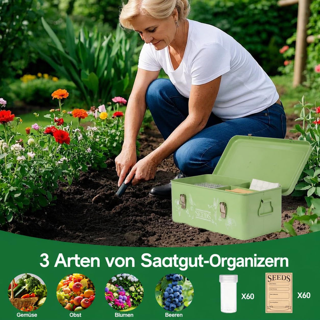 60 Slots Seed Organizer Storage Box with 3 Compartments,Large Metal Garden Seed Organizer with Lid&Safety Locks,Seed