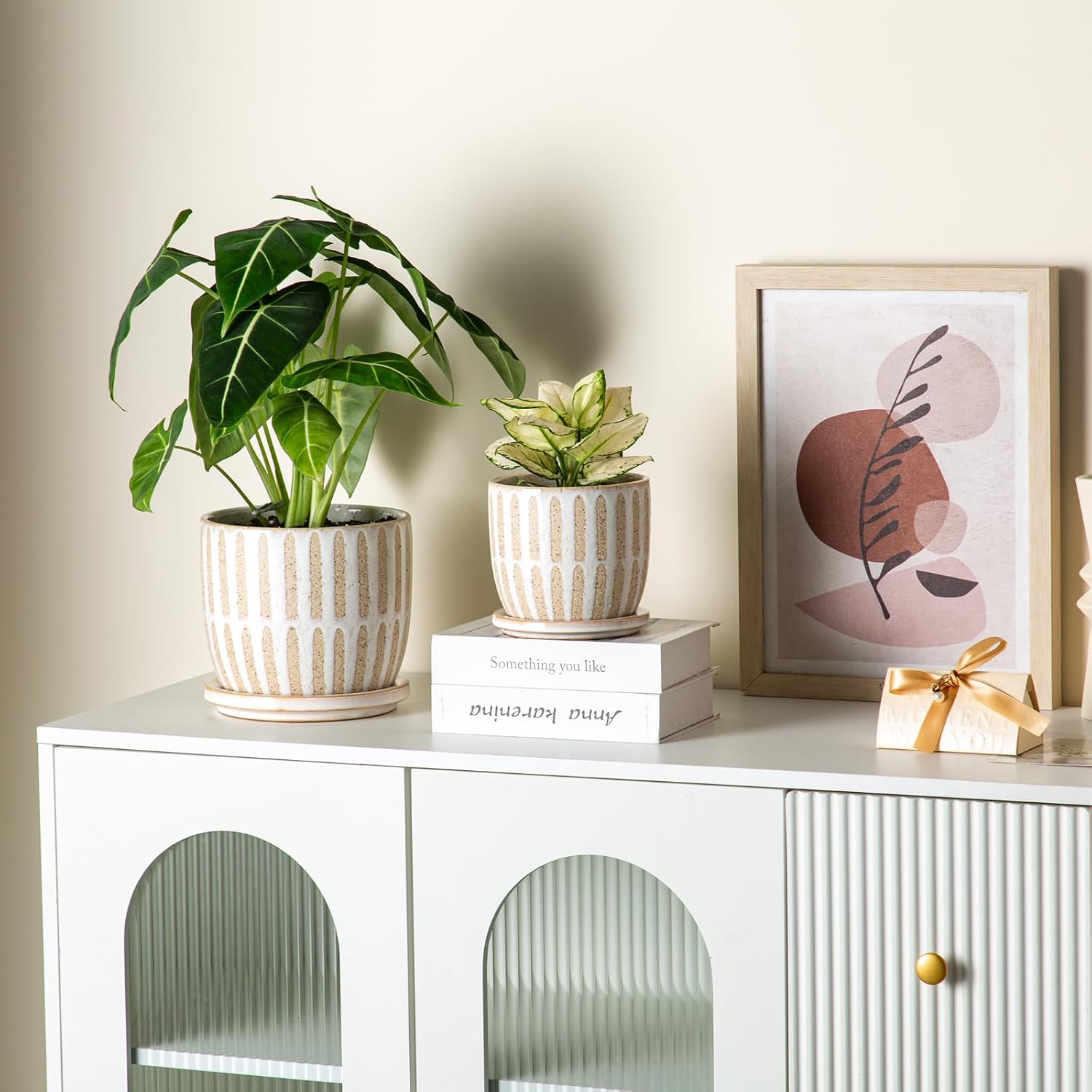 Ceramic Flower Pots Indoor-Outdoor: 5.75 Inch Planters with Drainage Holes & Saucer - Modern Decorative Plant Pots