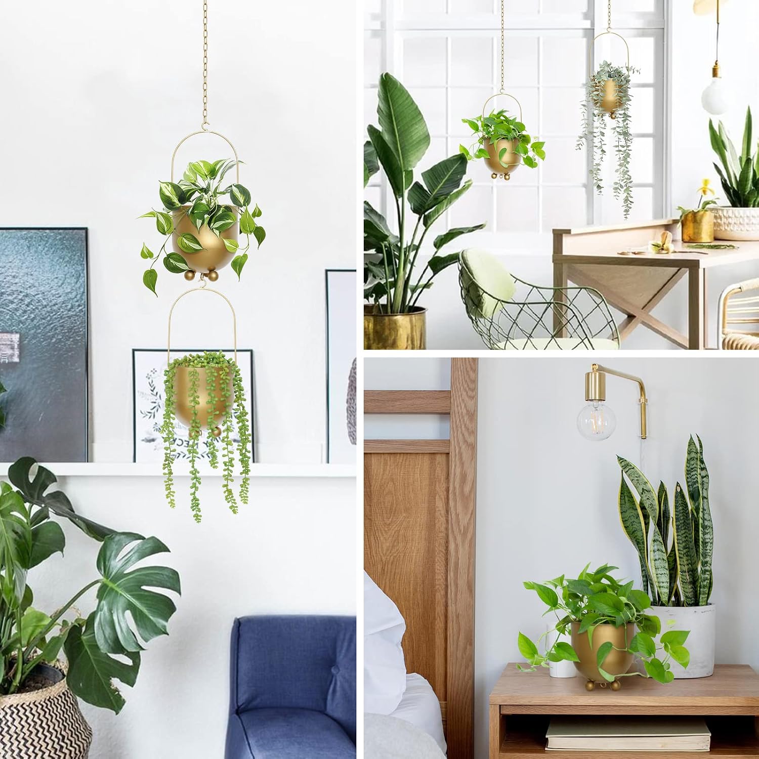 AceList Boho Gold Metal Hanging Planters, Set of 2 with Hooks & Chains - Versatile Wall & Ceiling Plant Hangers for