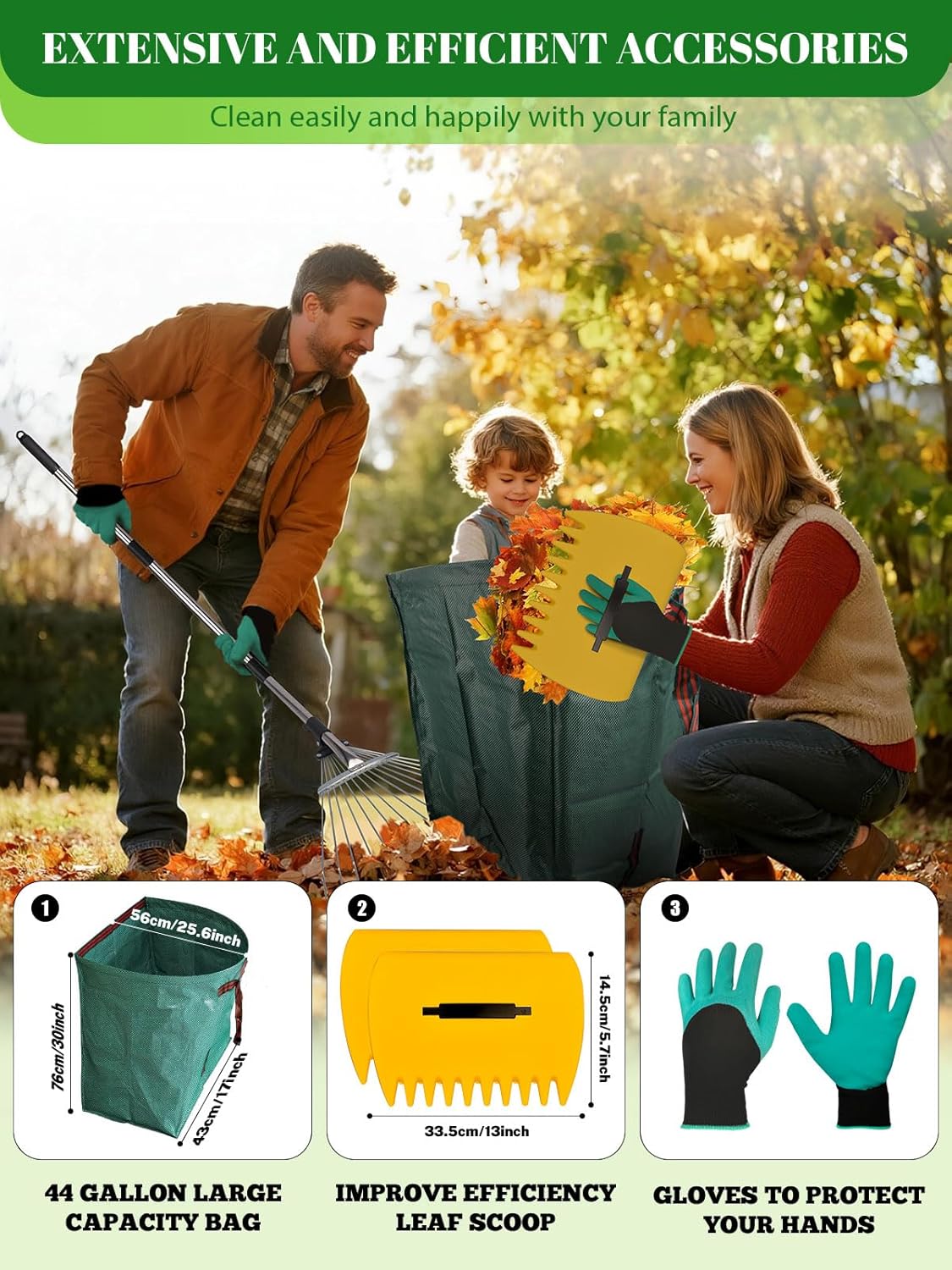 Adjustable Metal Leaf Rake Set Garden Rake for Leaves Long Handle 37"-63" Expandable Head Gardening Tools Set Includes