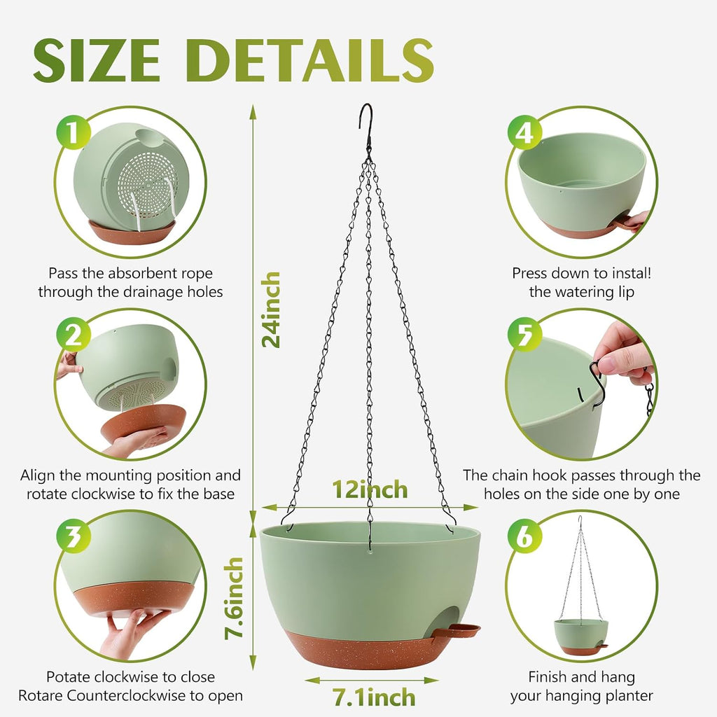 Hanging Planters, Self Watering, Green 12 Inch 2 Pack with Drainage | Indoor Outdoor Use, Removable Drainage Tray