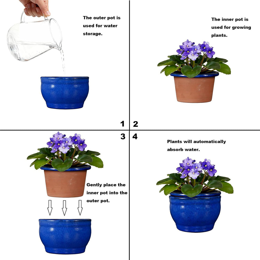 Self Watering Pot for African Violets Indoor Outdoor Plants, 6 inch, Blue | Bottom Watering, Ceramic