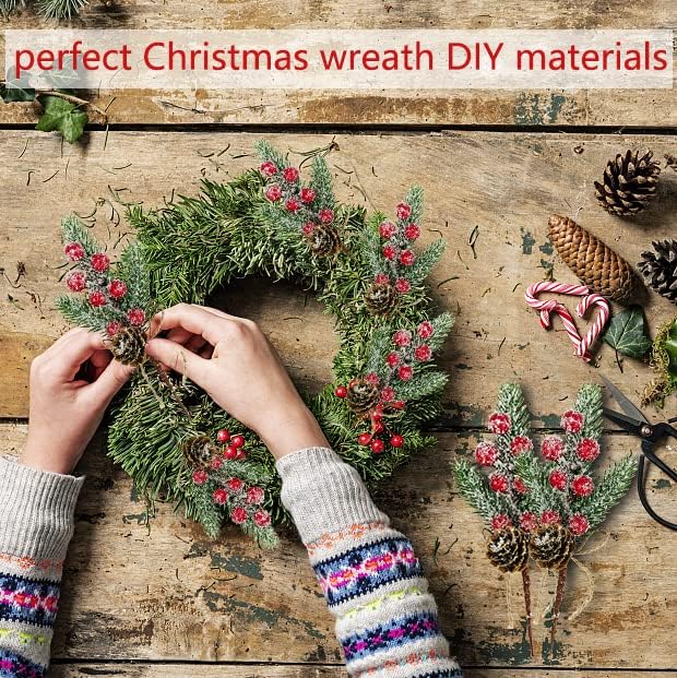 Red Berry Stems Floral Pine Cones Branches 10PCS Christmas Artificial Evergreen Pine Branches Holiday Floral Picks Holly Stem Craft for Decoration DIY Christmas Xmas Garland Wreath Decoration