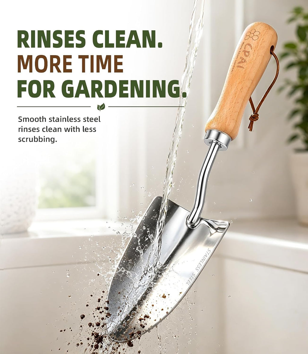 3-Piece Garden Tool Set, Stainless Steel Garden Trowel, Measurement Trowel and Hand Rake with Smooth Wooden Handles for
