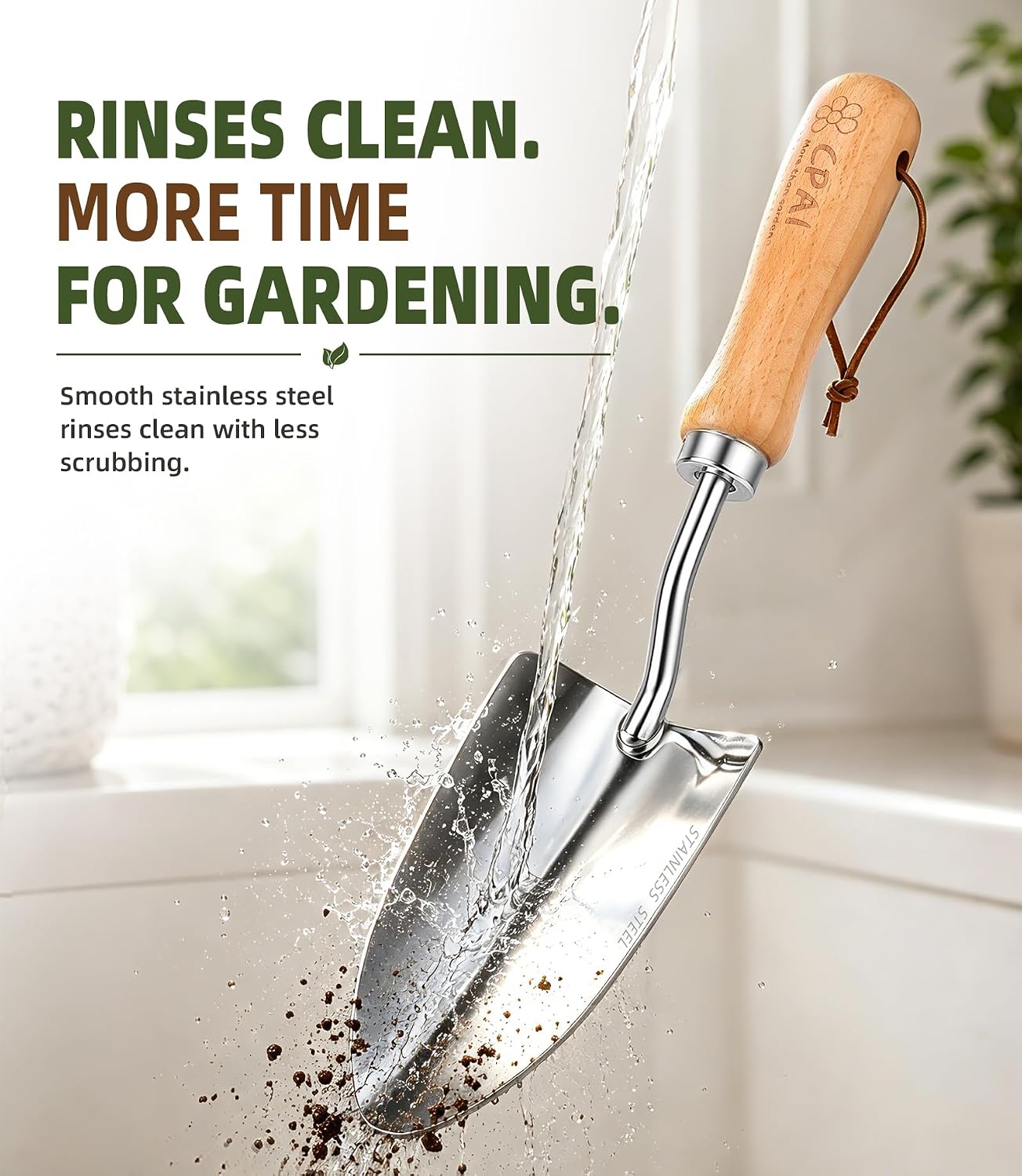 3-Piece Garden Tool Set, Stainless Steel Garden Trowel, Measurement Trowel and Hand Rake with Smooth Wooden Handles for
