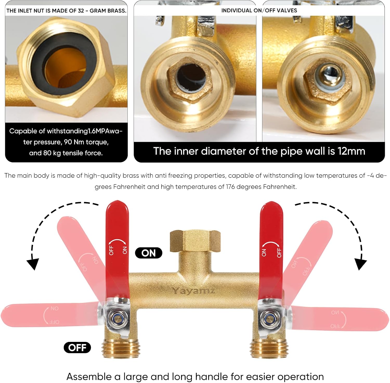2 Way Garden Hose Splitter, 3/4" GHT Outdoor Water Spigot Splitter | Heavy Duty Solid Brass Body with Shut-off Valves &