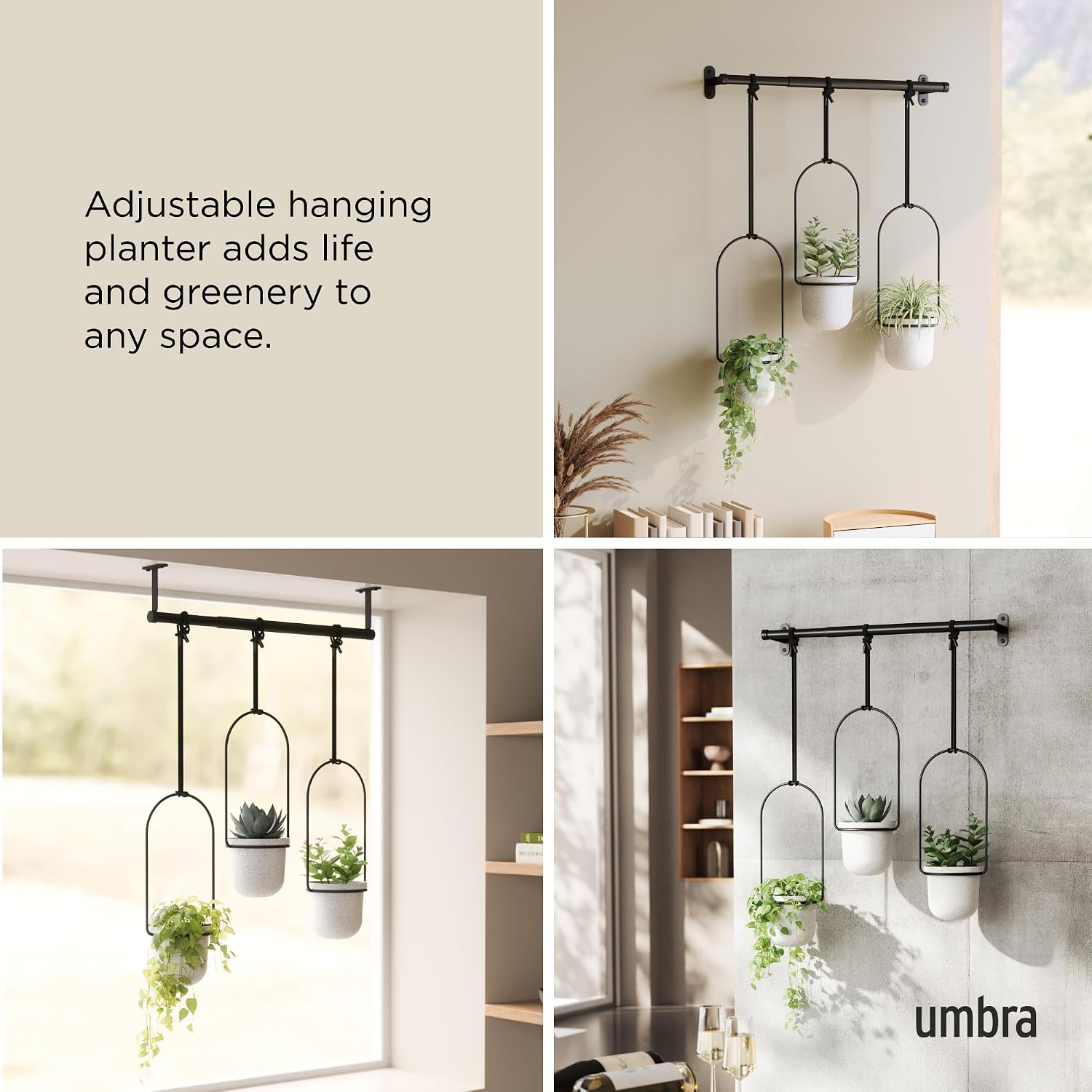 Umbra Triflora Hanging Planter, Indoor Herb Garden, Set of 3, White/Black | Extendable metal rod, adjustable rope