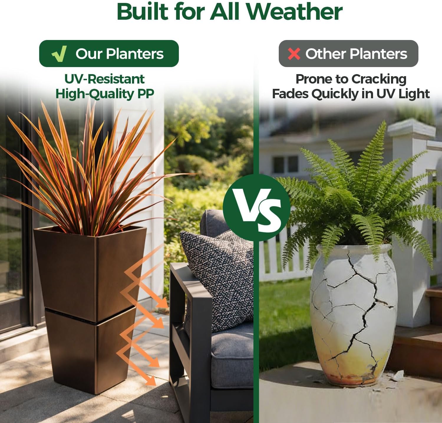 T4U Tall Planter for Outdoor Plants 2 Pack, Large Plastic Pots Brown | Patio porch deck use, Stackable design with