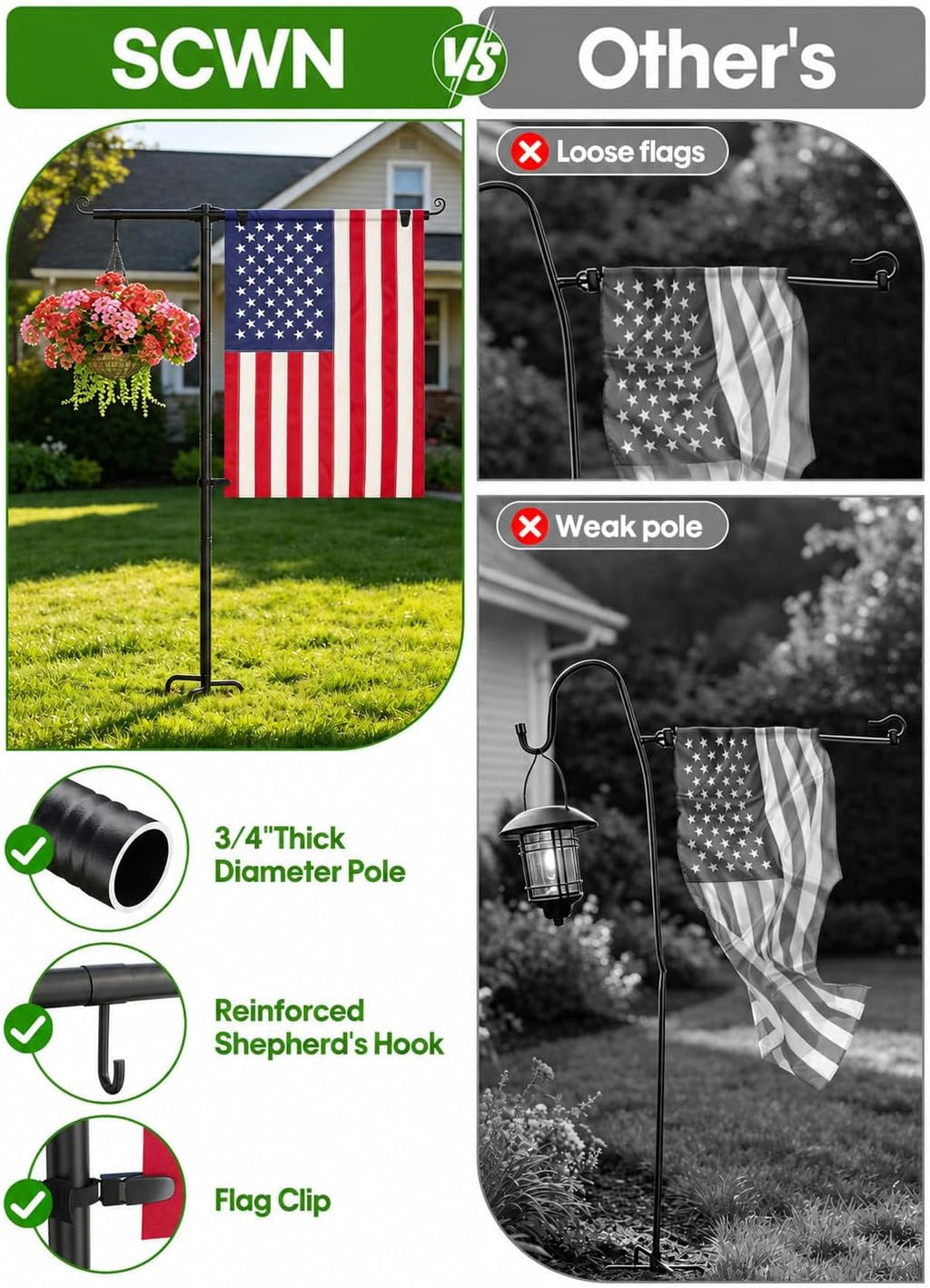 Garden Flag Stand Holder 63" Stainless Steel Pole for 28 x 40 Flags | 3/4" Diameter with Shepherd Hooks and 4-Prong