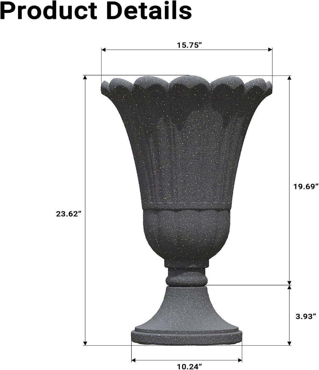24" Tall Urn Planters Set of 2, Black Outdoor Planter for Porch | HDPE Resin Weather-Resistant Large Planters with