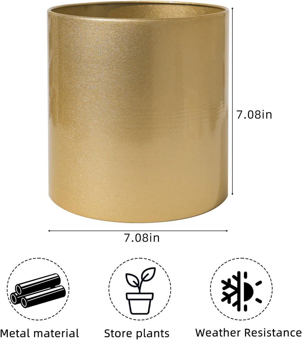 Gold Metal Plant Pot with Drainage Hole, 7 Inch Mid Century Modern Small Pot Indoor Outdoor Planters for Succulents