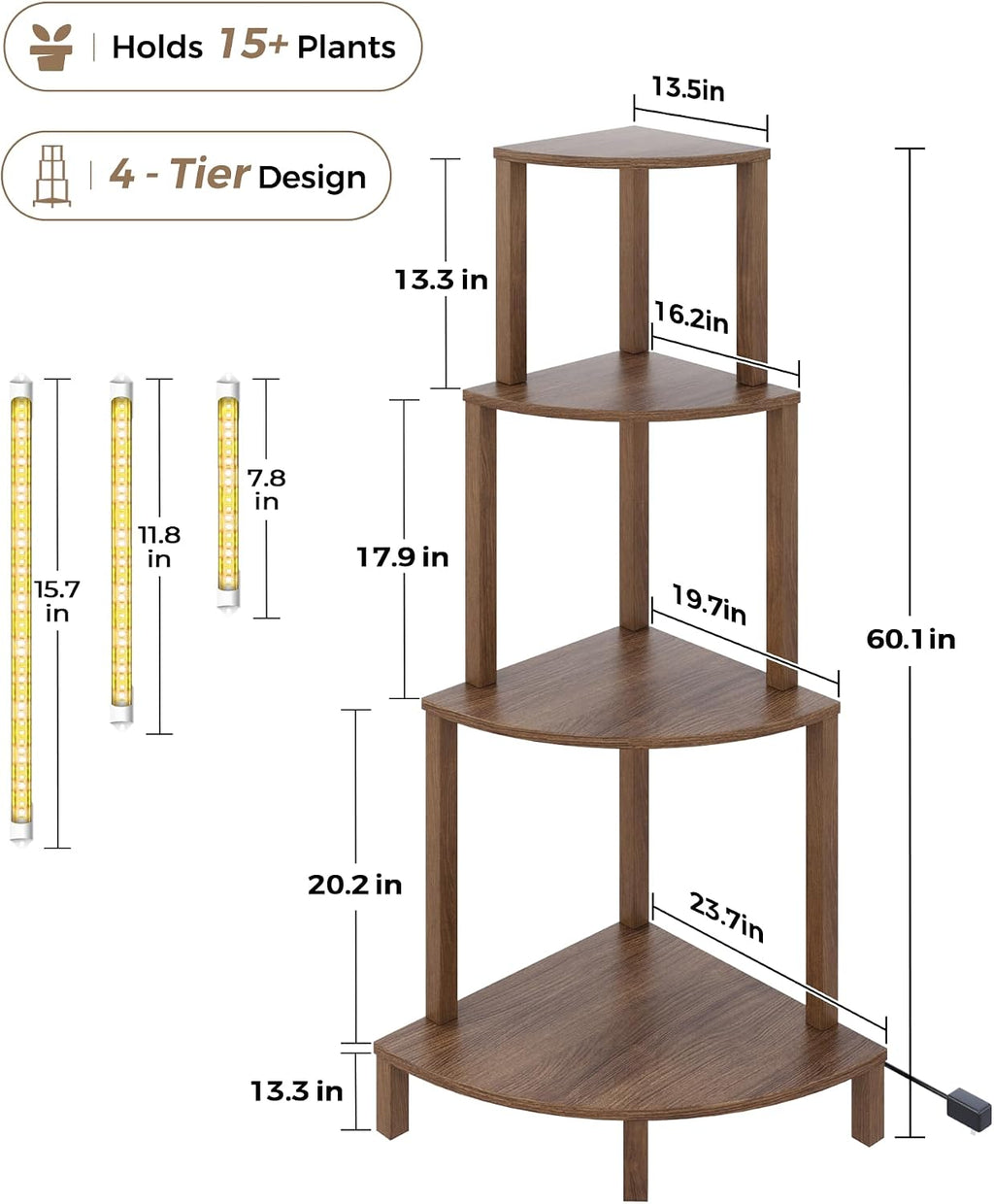 Bamworld Corner Plant Stand with Grow Lights 4-Tier Plant Stand Indoor Wood Plant Stand with Grow Light Tall Shelves