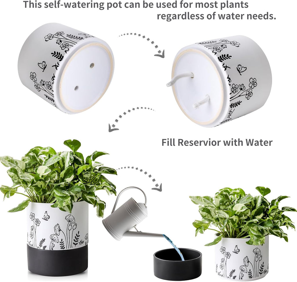 Nihow Self Watering Pots for Indoor Plants,6 Inch,White,Hand Painting | Ceramic Planter, Drainage Hole & Water Storage
