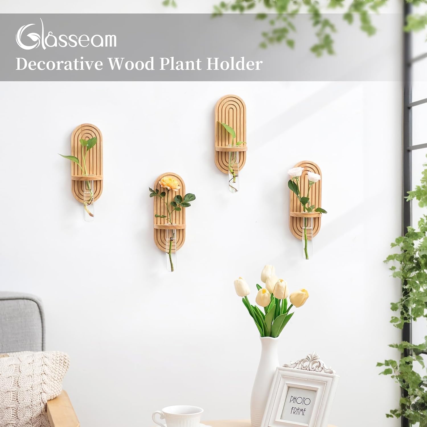 Glasseam Wall Plant Propagation Station: Hanging Glass Propagation Vases | Set of 3, Boho, Rustic Wooden Hydroponic