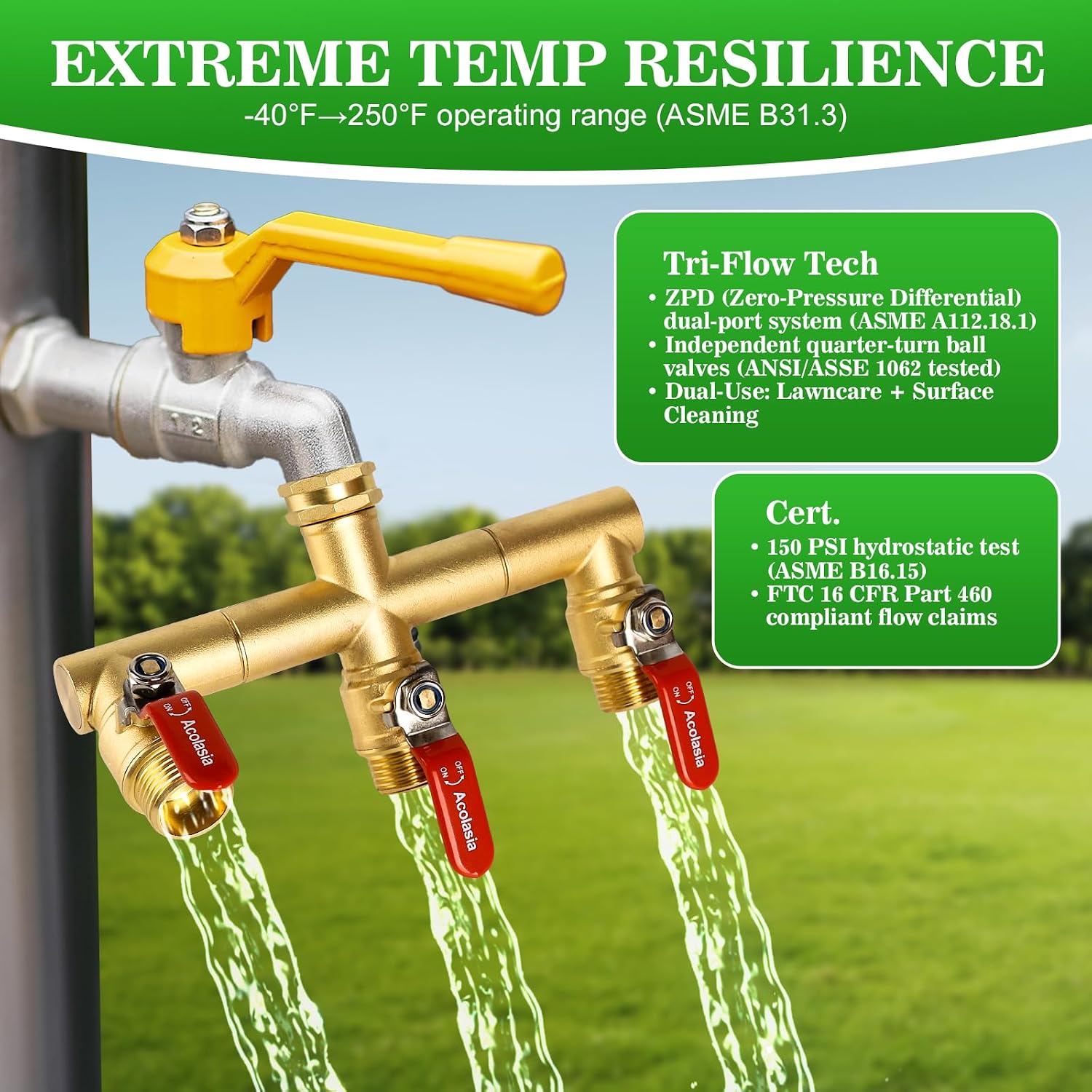 Hose Splitter 3 Way Heavy Duty Brass Garden Hose Splitter with 360° Rotatable, 304 Stainless Steel Long Handle Outdoor