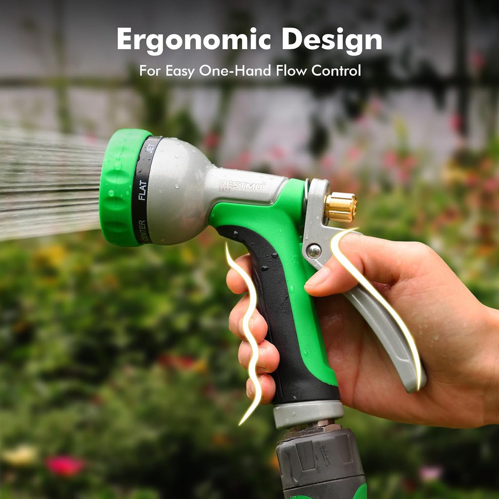 RESTMO Garden Hose Nozzle Heavy Duty, Rear Trigger Water Sprayer, Green | 7 Adjustable Spray Patterns, Durable Metal