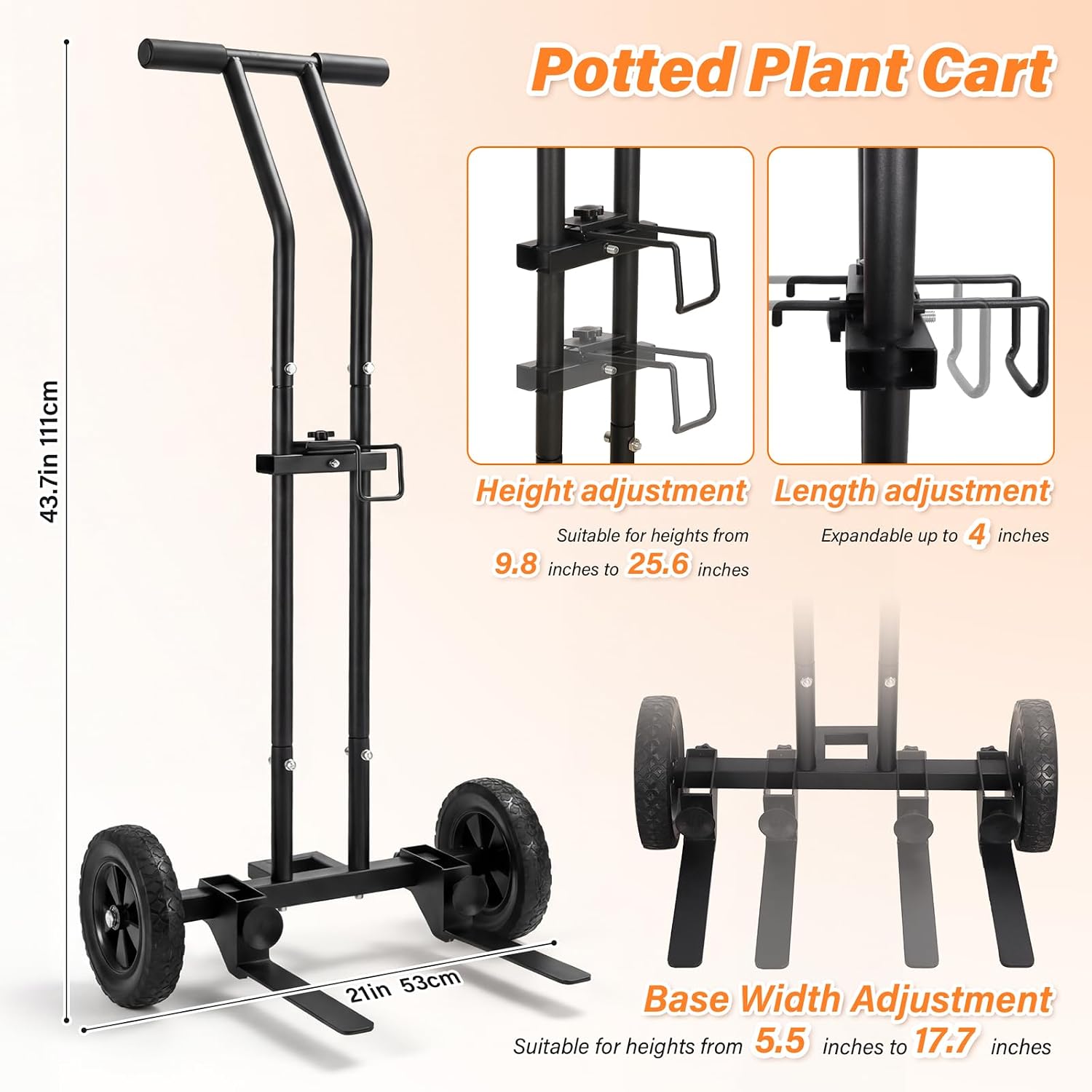 Heavy Duty Plant Caddy with Wheels, 175Lbs Adjustable Plant Dolly Cart with Grab Arm/Suction Cups/Strap, Dual