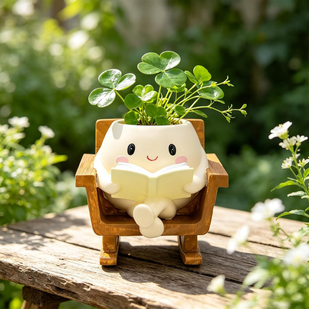 Cute Rocking Chair Smiley Face Planter Pot for Indoor Outdoor | Unique Book Garden Plant Pots with Drainage, Funny