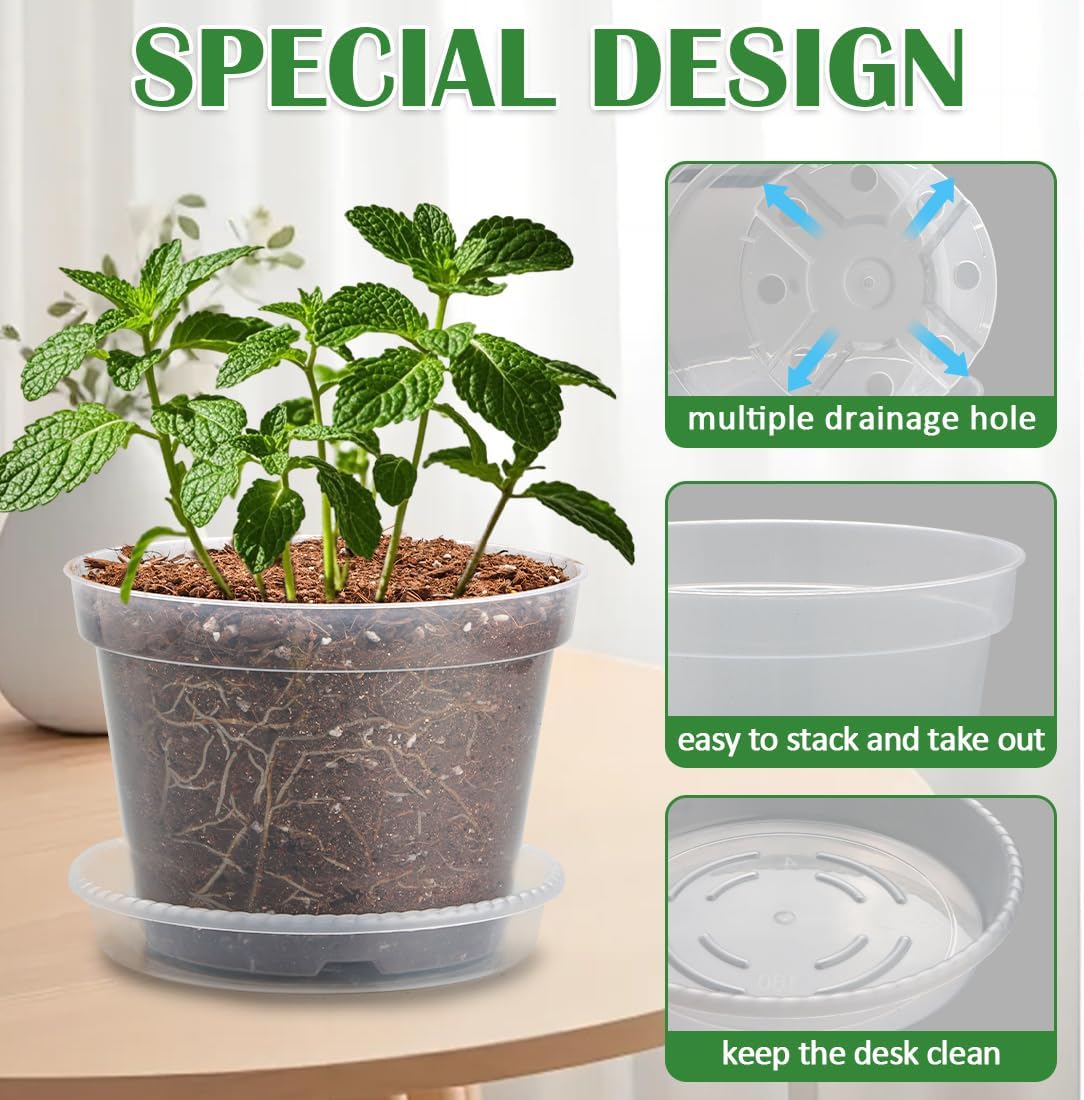 9 Pack 8/7/6 Inch Clear Nursery Pots for Plants with Saucer, Transparent Plastic Plant Pots with Drainage Holes, Sturdy