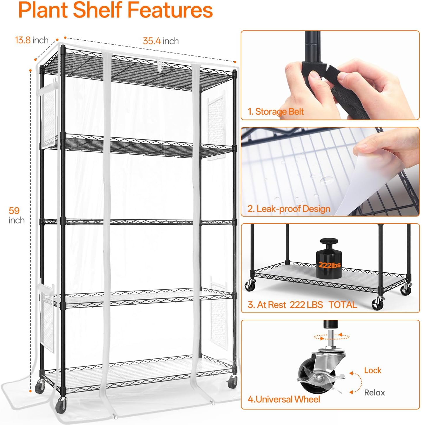 Indoor Greenhouse with Grow Light, 35.4x13.8x59in | Indoor Greenhouse, 4-Pack Full Spectrum Plant Lights, 24W Each