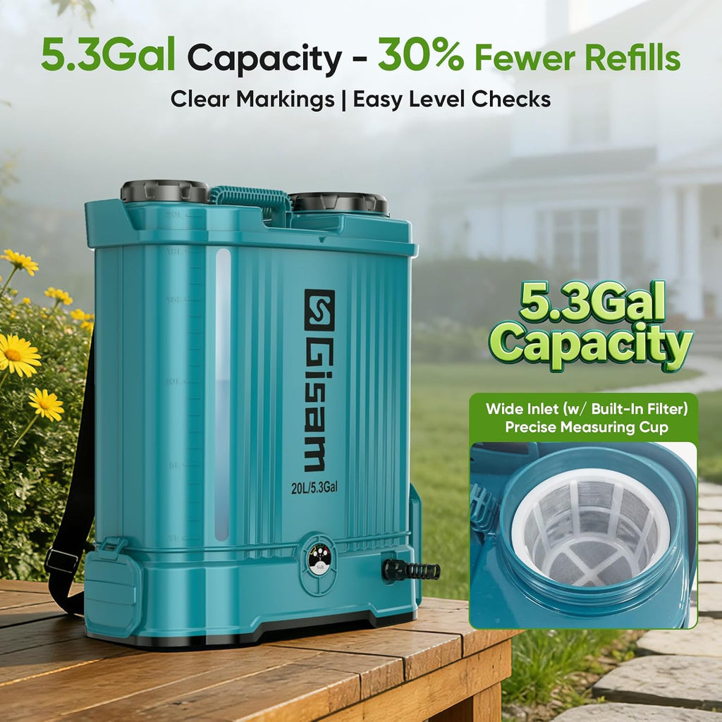 Gisam 5.3 Gal Battery Powered Backpack Sprayer-2 Batteries,Water Markings | 120PSI Adjustable Pressure,Telescopic Wand